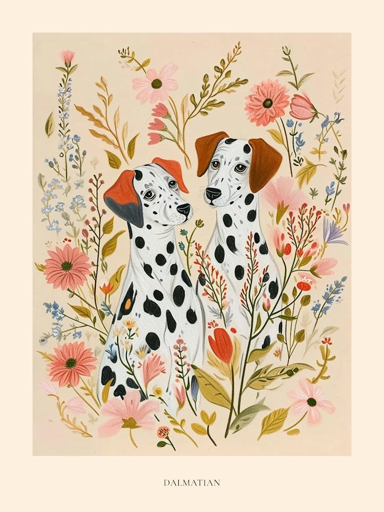 Folksy Floral Animal Drawing Dalmatian Poster