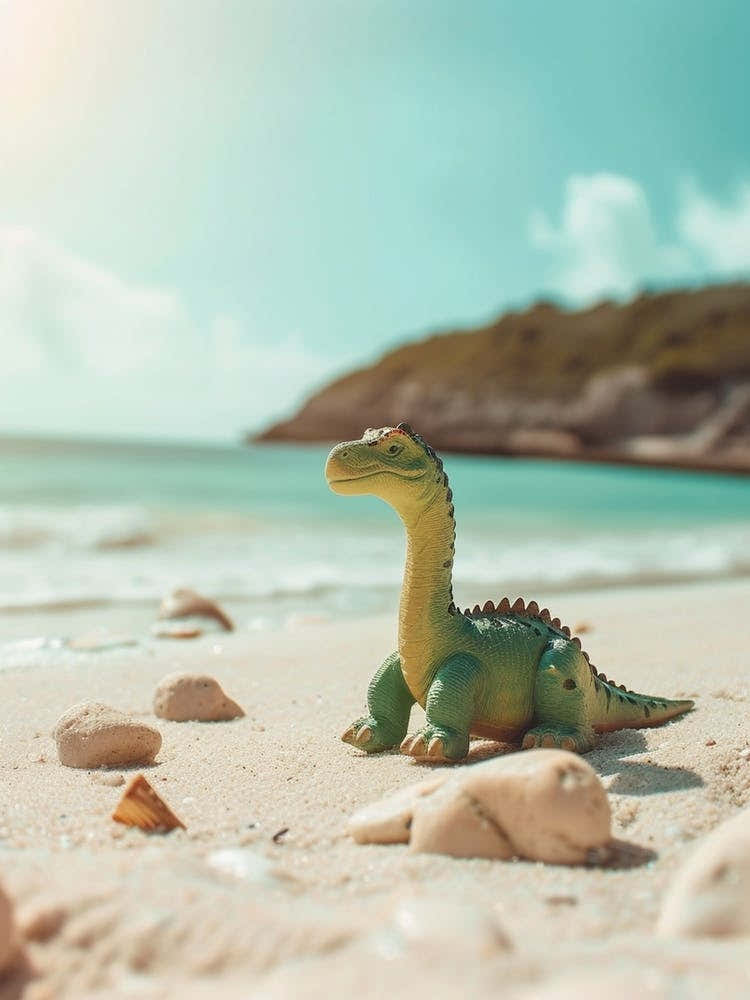 Pastel Toy Dinosaur Relaxing On The Beach