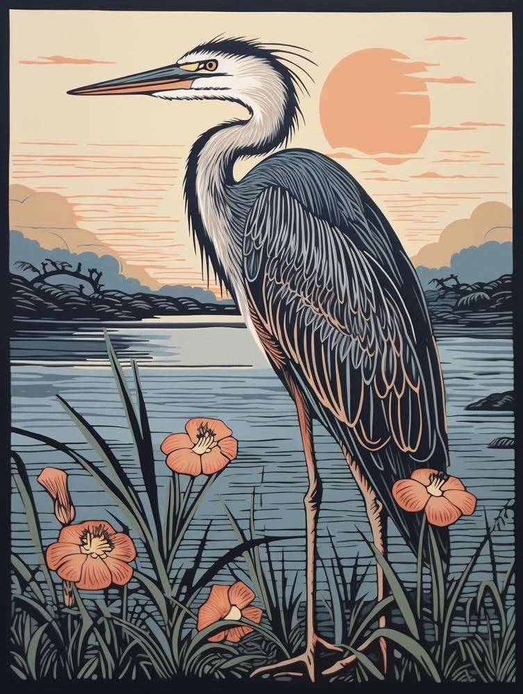 Grand Héron bleu - Linogravure d'oiseau vintage 5