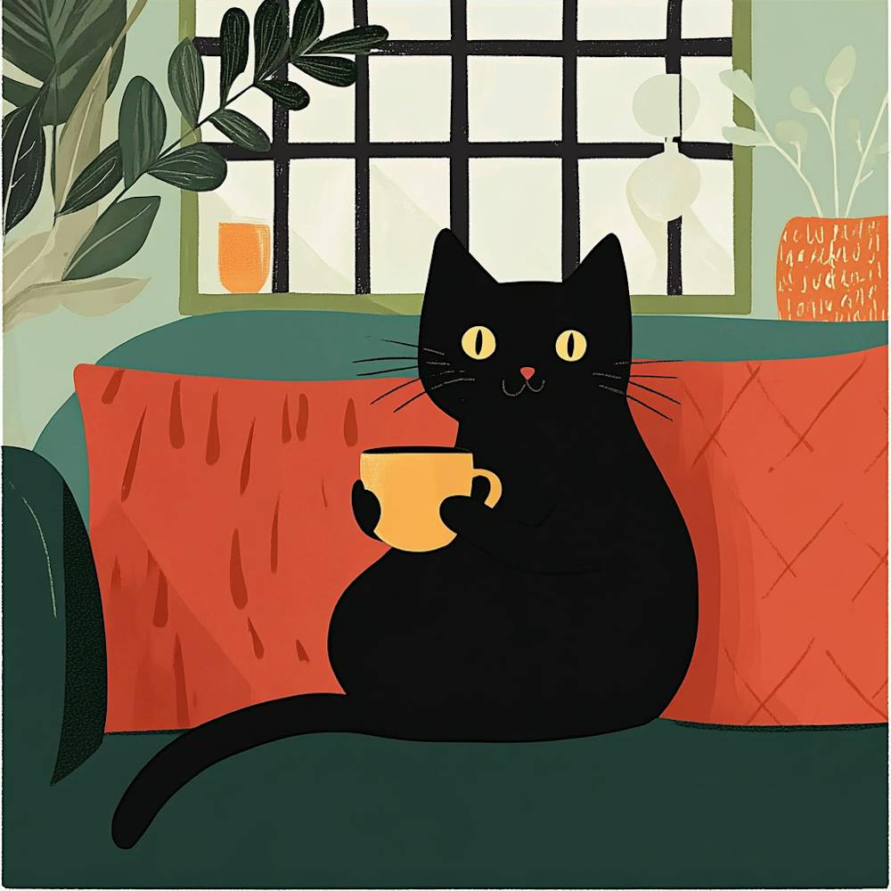 Black Cat With A Cup Of Tea