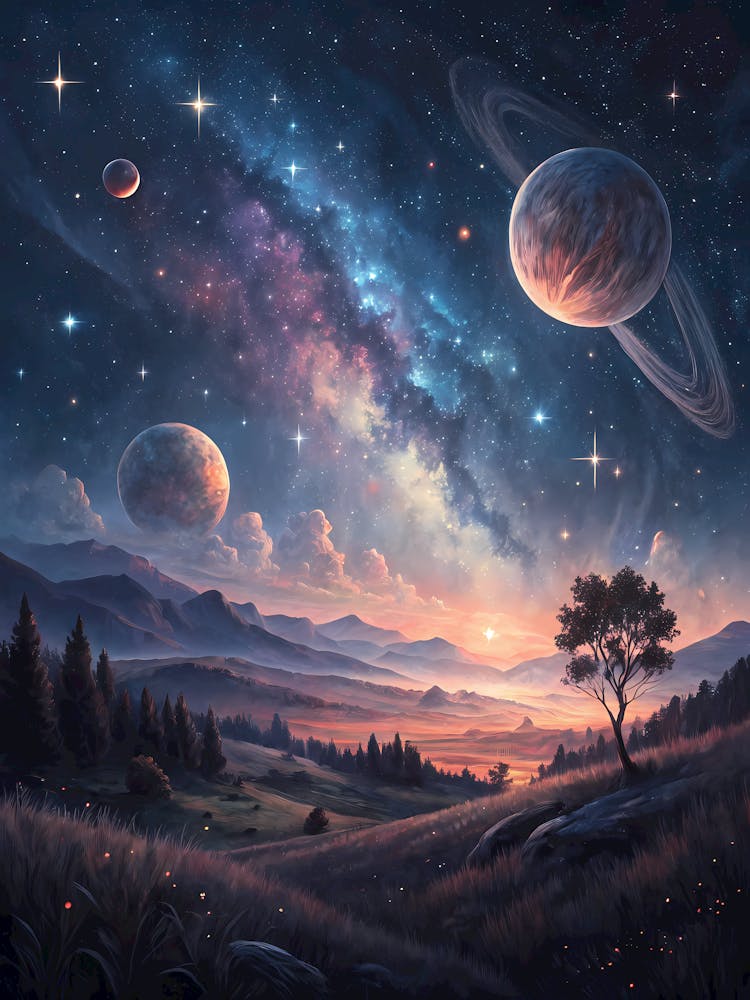 Interstellar Landscape oil Painting Starry Night Sky with Planets and Mountains