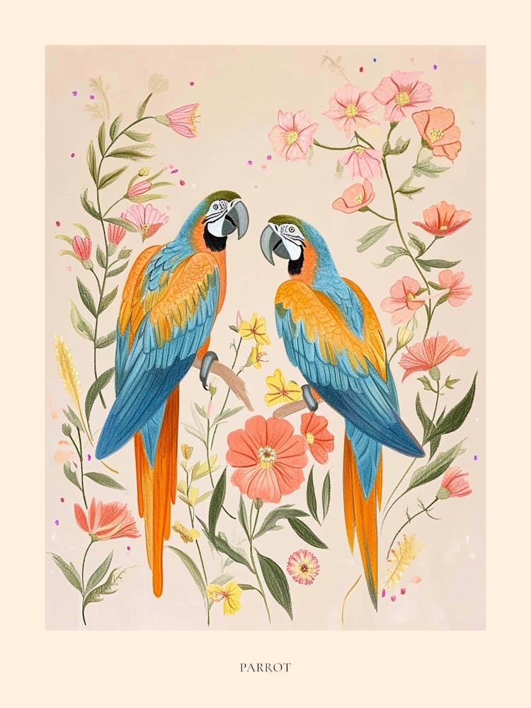 Folksy Floral Animal Drawing Parrot 3 Poster