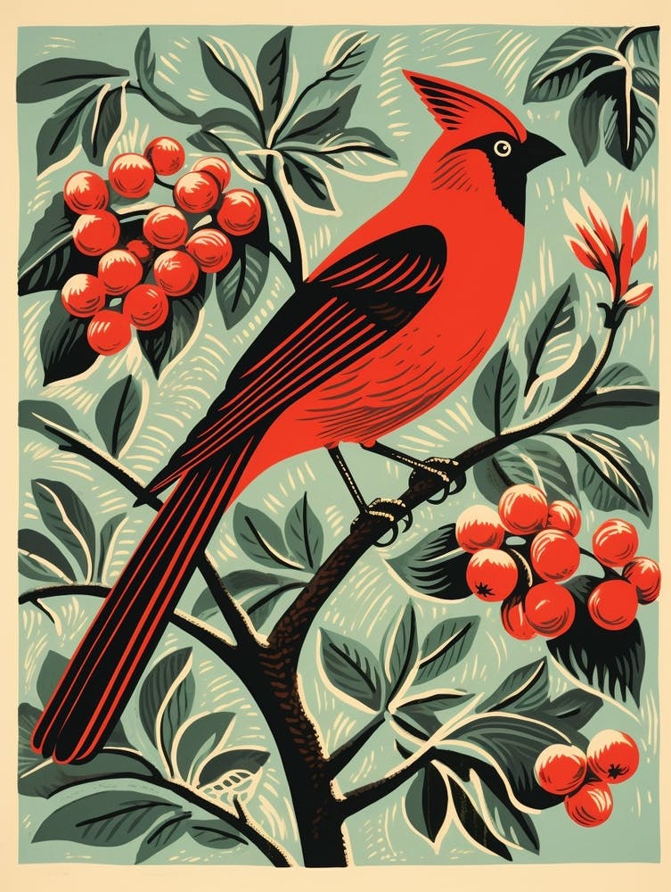 Vintage Bird Linocut Cardinal 2