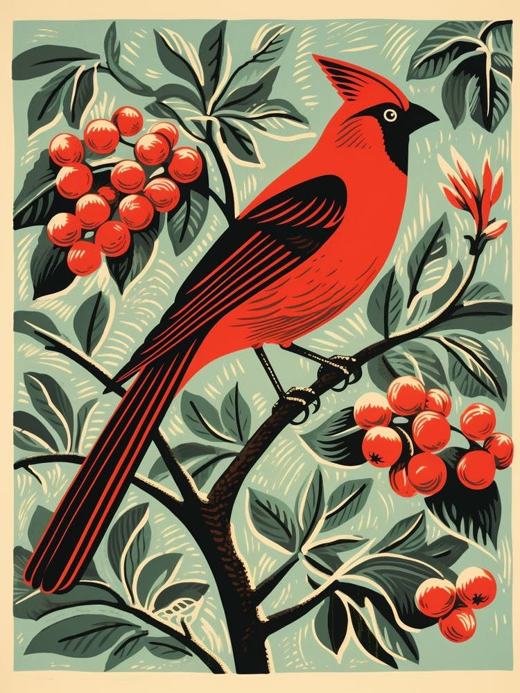 Vintage Bird Linocut Cardinal 2