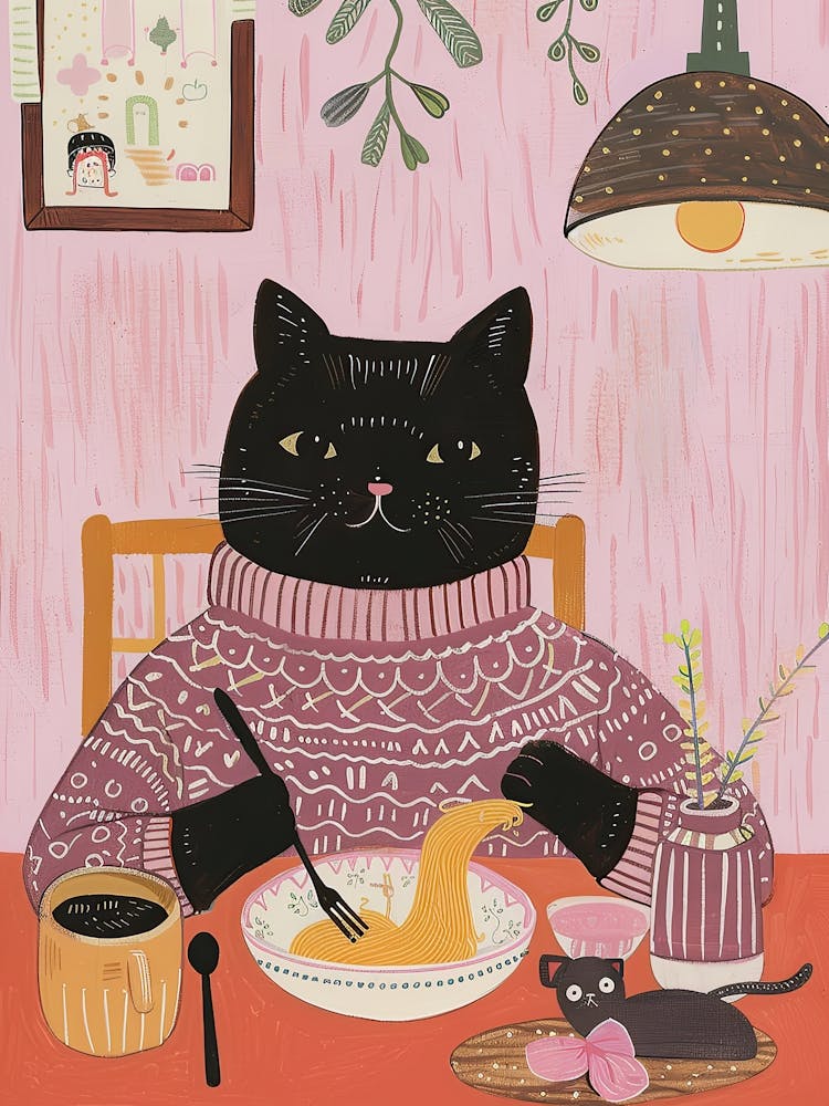 Black Cat Eating Pasta Folk Illustration 4
