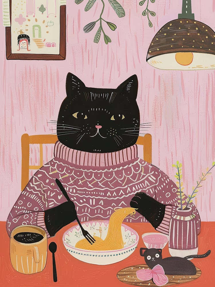 Black Cat Eating Pasta Folk Illustration 4