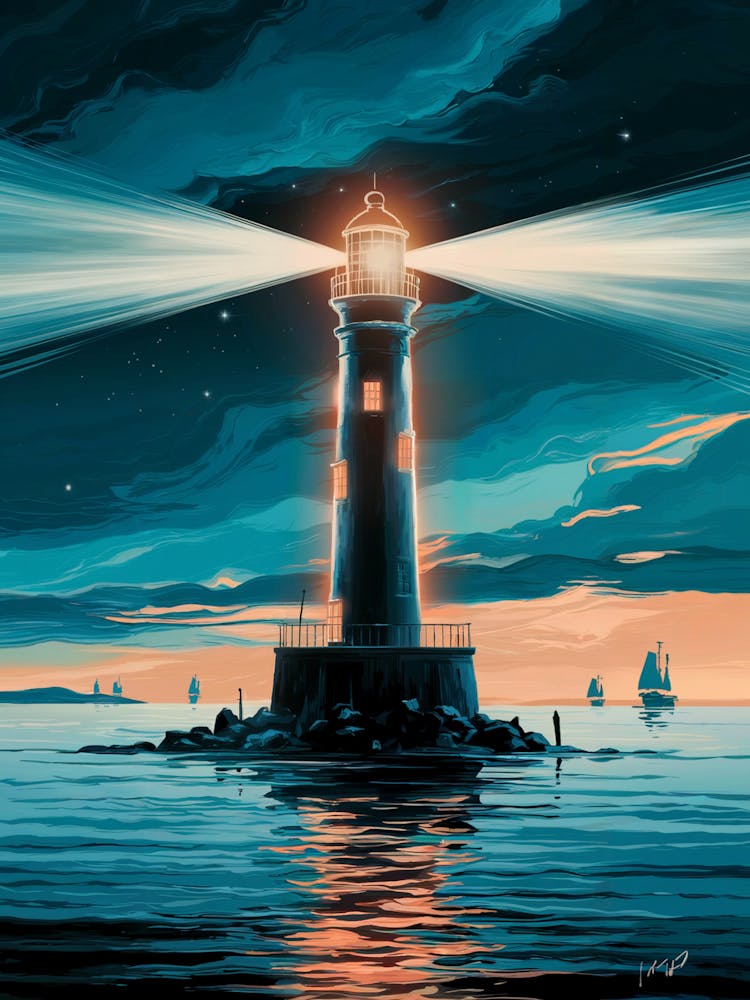 Lighthouse At Night, Anime Art Lofi