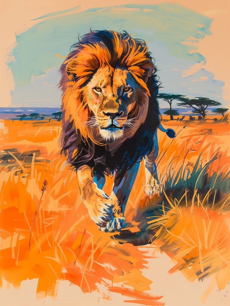 Masai Lion Hunting In The Savannah Fauvist Painting 4