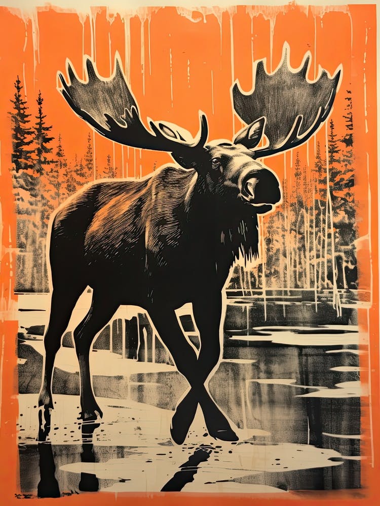 Moose, Woodblock Animal Drawing 2