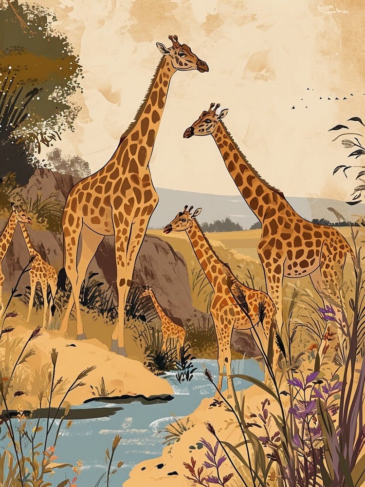 Giraffes In The River Watercolour Inspired 1
