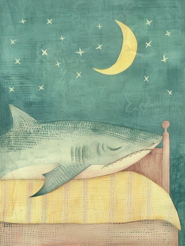 Pastel Blue Sleepy Shark With Moon Illustration 2