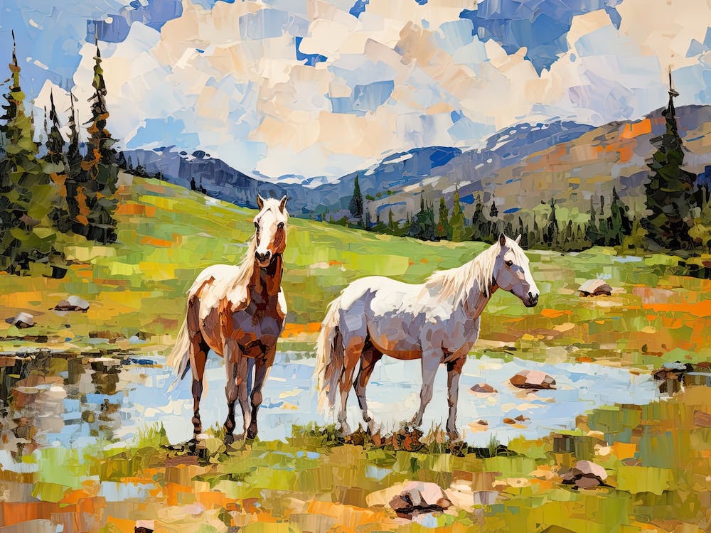 Horses Painting In Rocky Mountains Colorado, Usa, Landscape 3