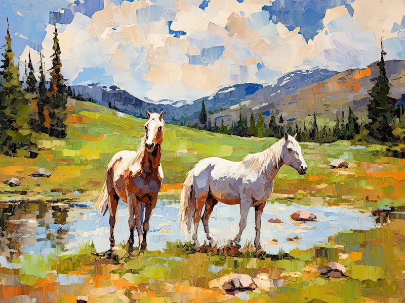 Horses Painting In Rocky Mountains Colorado, Usa, Landscape 3