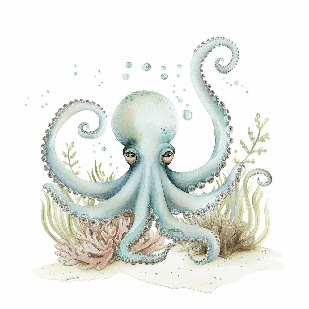 Storybook Style Octopus On The Ocean Floor With Aqua Marine Plants 6