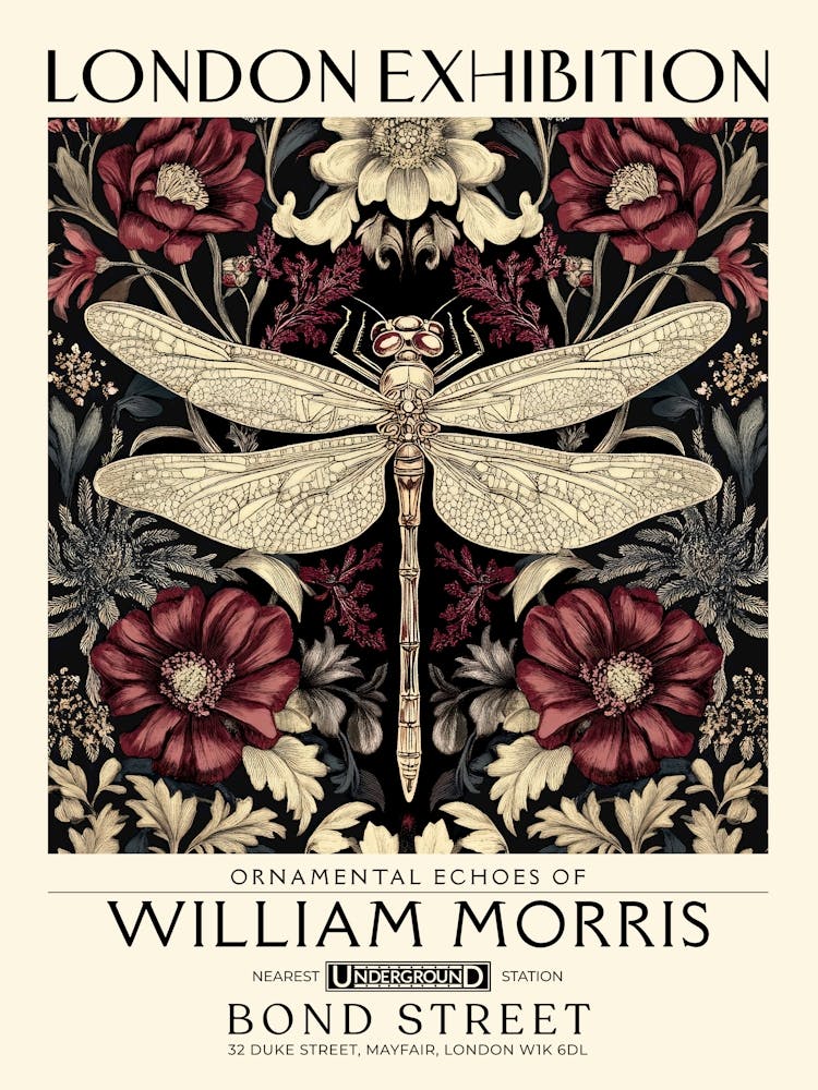 William Morris Dragonfly and floral artwork in Warm earth tones, insect and flower pattern dark academia library Botanical vintage print, living room vintage decor Floral tapestry Victorian nature art 38