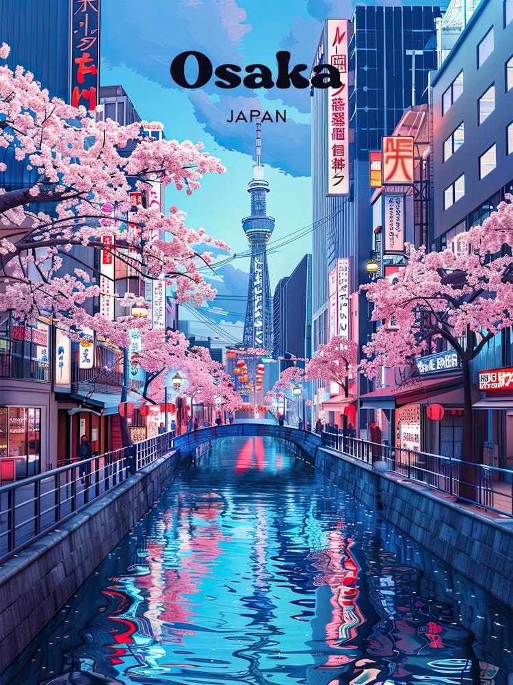 Osaka Japan Cherry Blossoms Travel Art