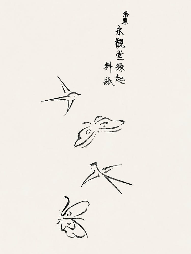 Japanese Vintage Original Woodblock Print Of Butterflies And Birds From Yatsuo No Tsubaki, Taguchi Tomoki