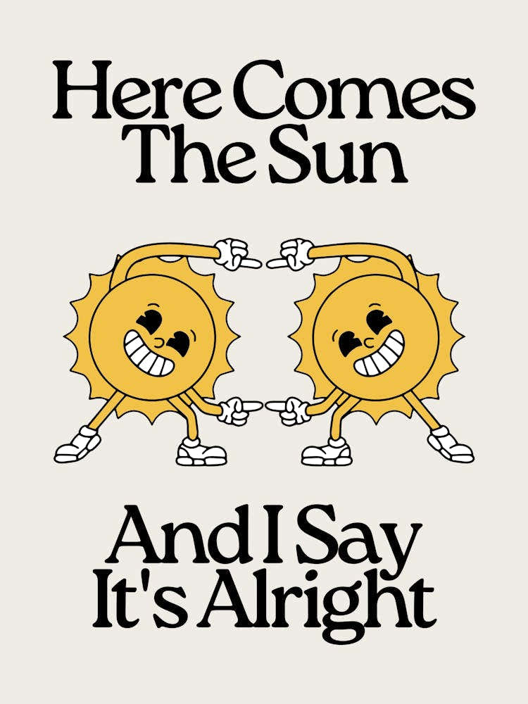 Here Comes The Sun | Vintage Retro Music | Neutral, Yellow + Black Nursery Wall Art | 60’s 70’s | Sun Decor | Sun