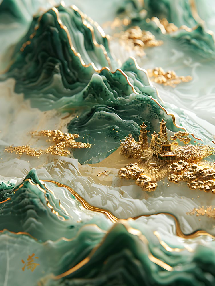 Gold Inlaid Jade Carving Landscape