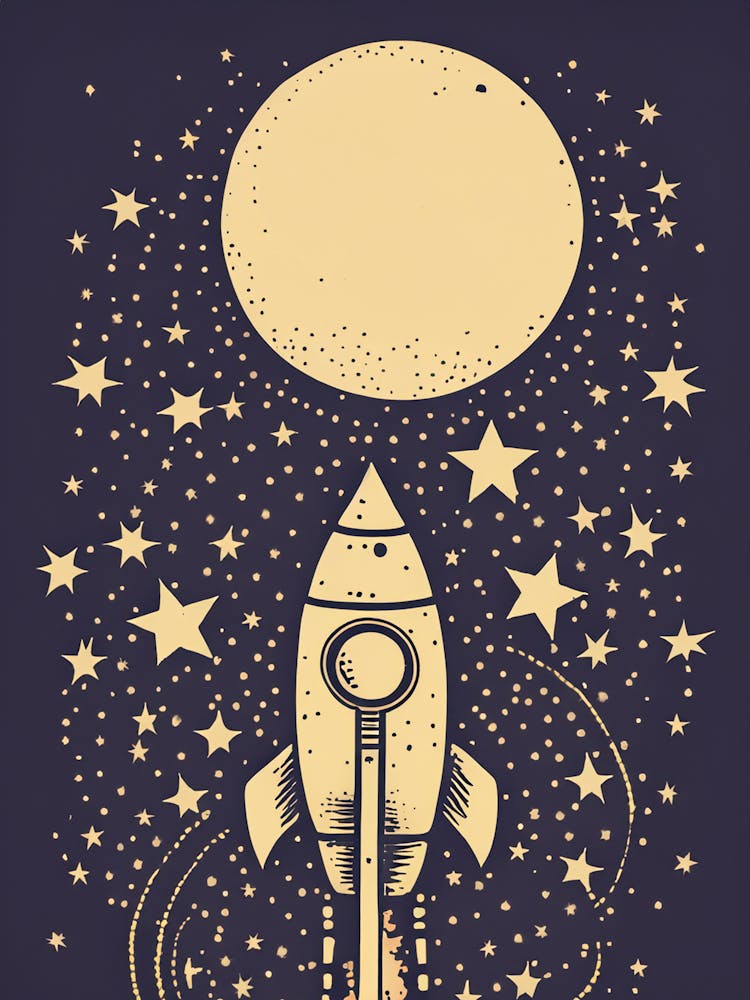 Dreaming of Space: A Retro Rocket Under the Moonlit Sky