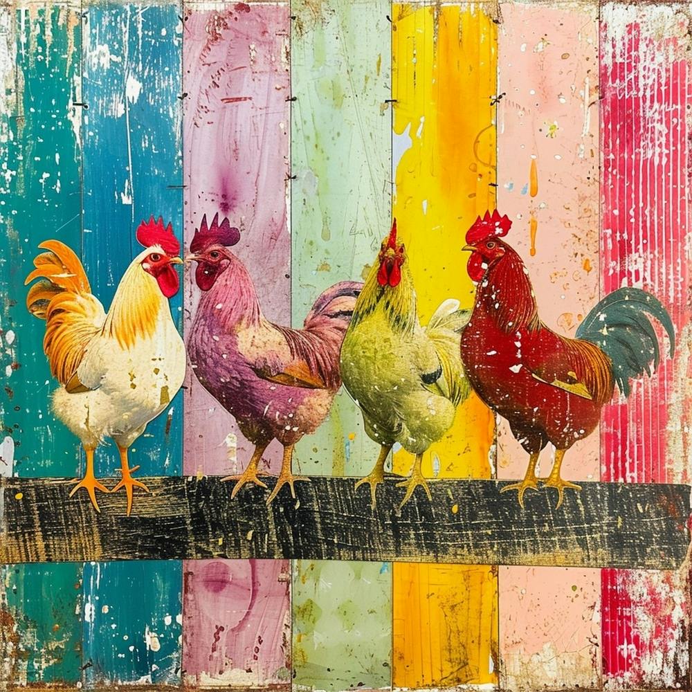 Kitsch Chickens On A Fence Rainbow Collage