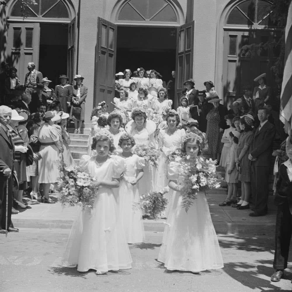 Untitled Photo, Possibly Related To Queen And Her Court Of The Fiesta Of The Holy Ghost Leave Church, Santa Clara,