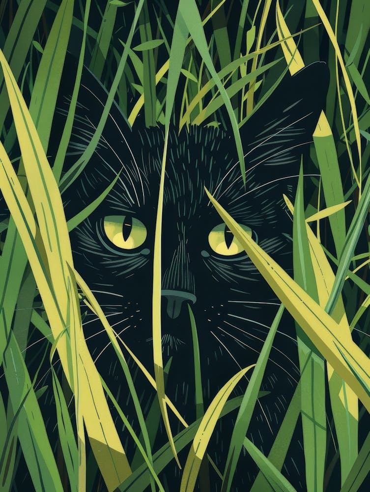 Black Cat In Tall Grass