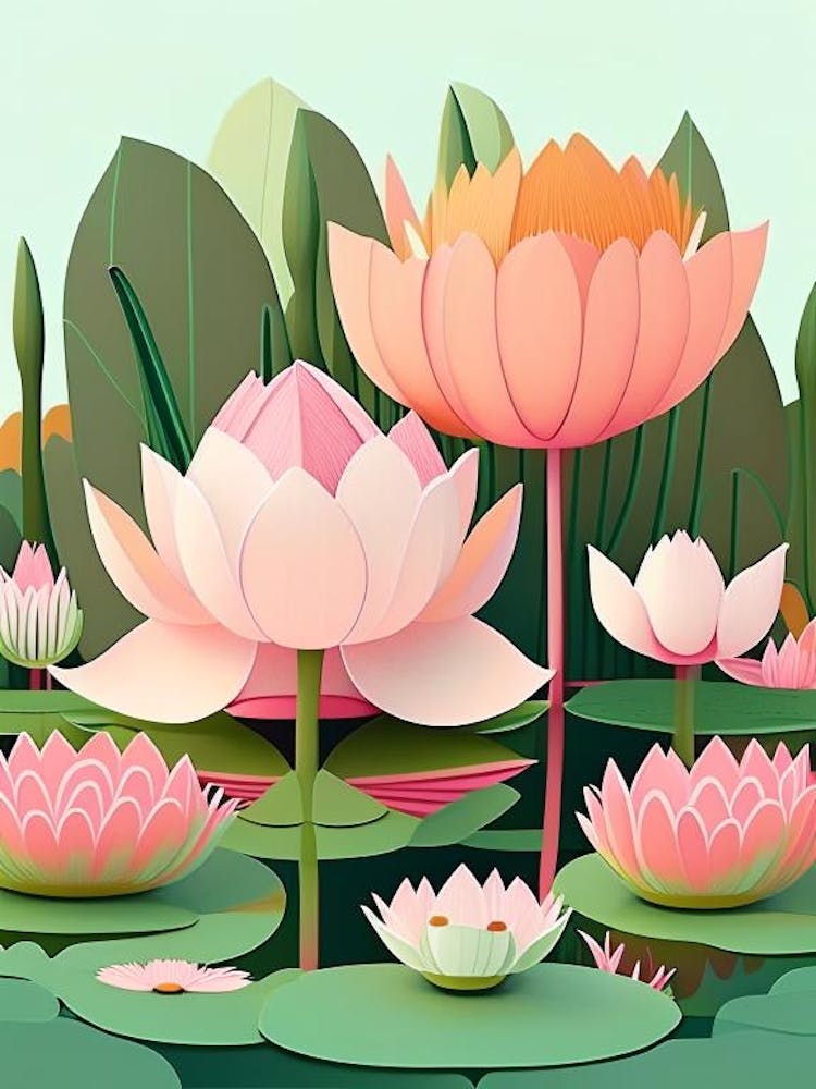 Lotus Flowers In Park Scandi Cartoon 5