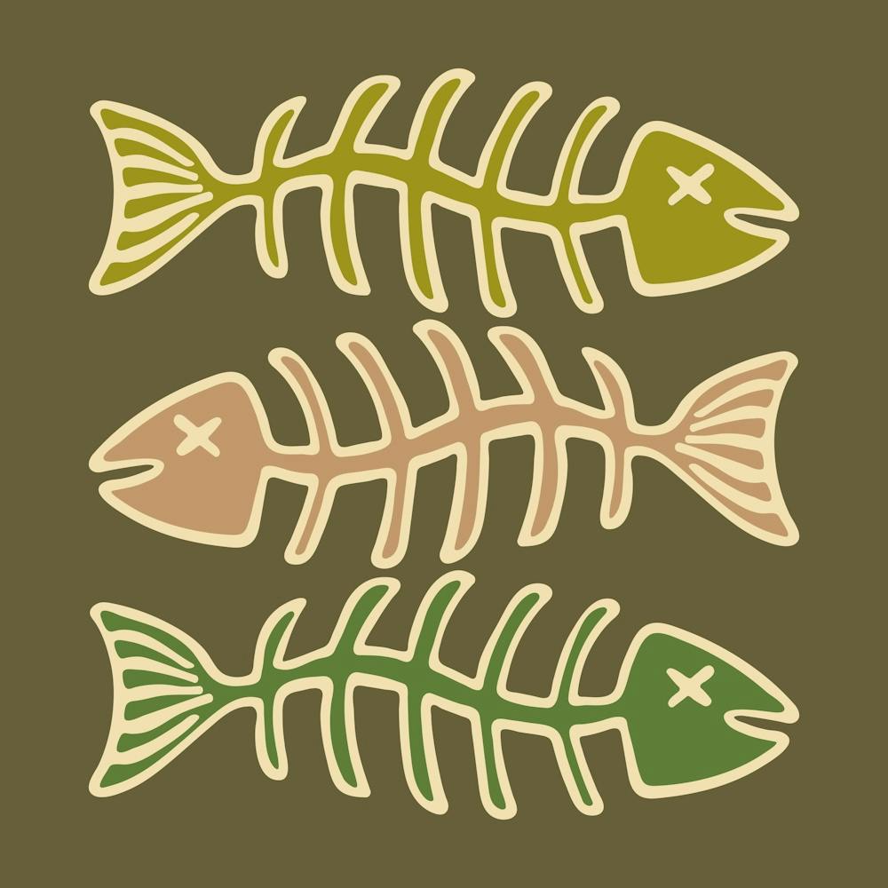 FISH BONES Pop Art Seafood in Vintage Retro Olive Beige Green on Moss Green Kitchen Food