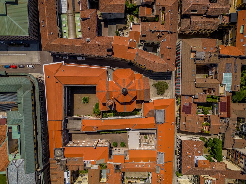 Top down view of the catholic church and european old town. Novara, Italy, Piedmont. Church in Italy.