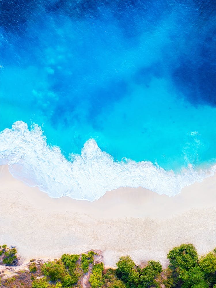 Seaside, beach and wave #1. Aerial view beach print. Sea foam. Greece.