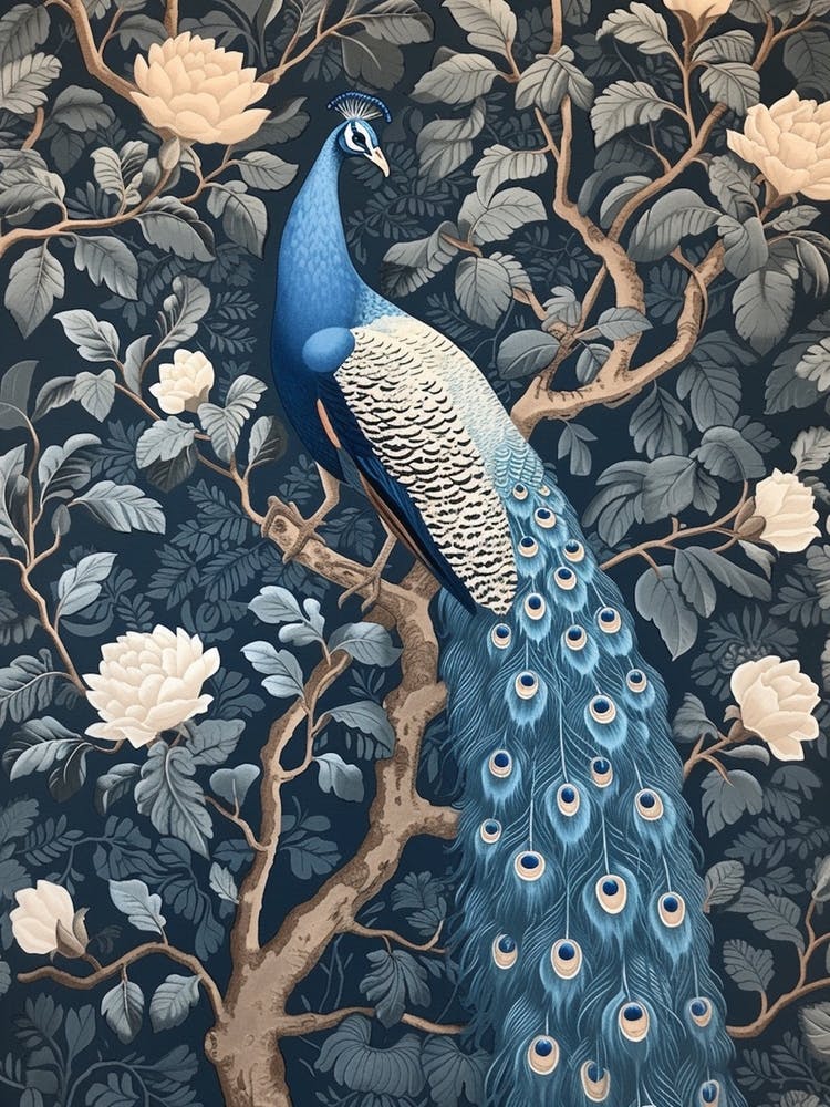 Blue & Cream Vintage Peacock Wallpaper Inspired  1