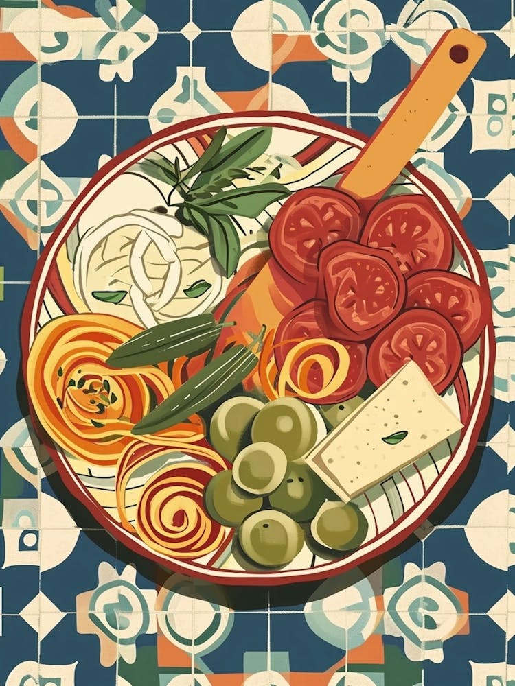 Mediterranean Mezze Platter On A Tiled Background