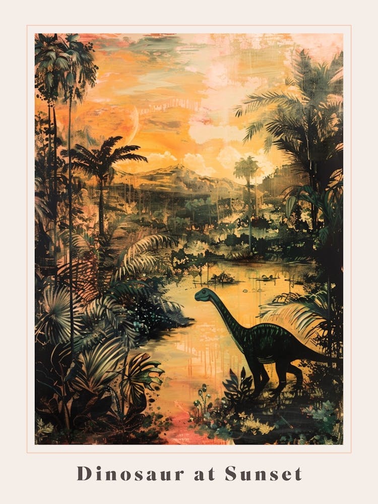 Dinosaurier bei Sonnenuntergang am Fluss Poster