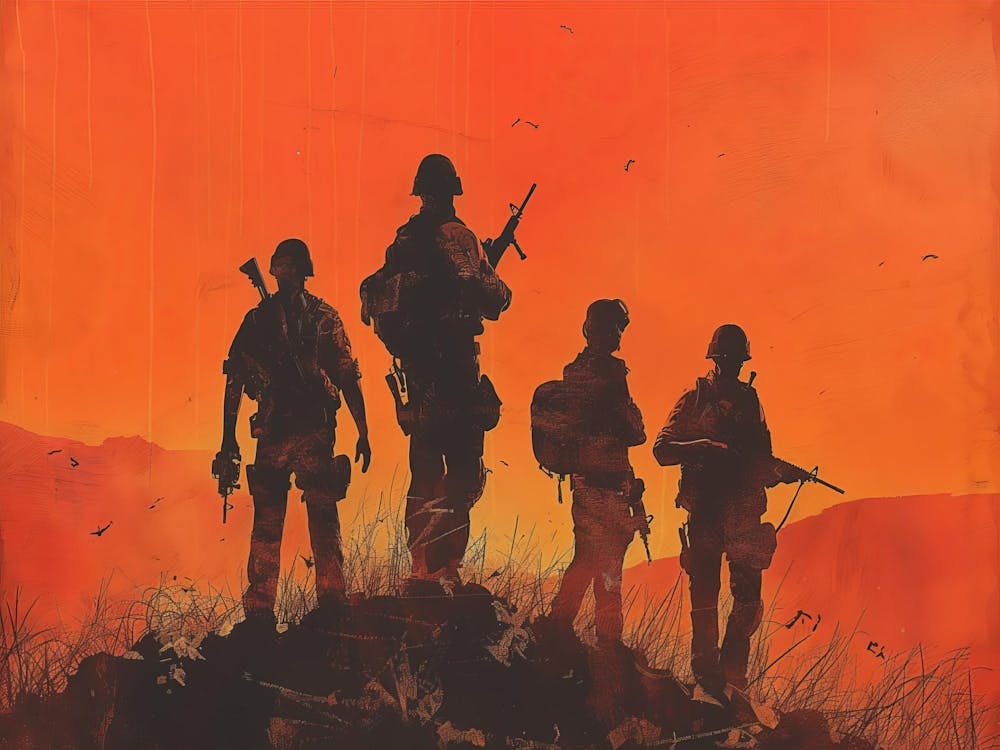 Soldiers In The Sunset Painting, Military Decor, Patriot Gift, Veterans Gift, Army Art, Sunset Landscape Print, America Art, Military Art