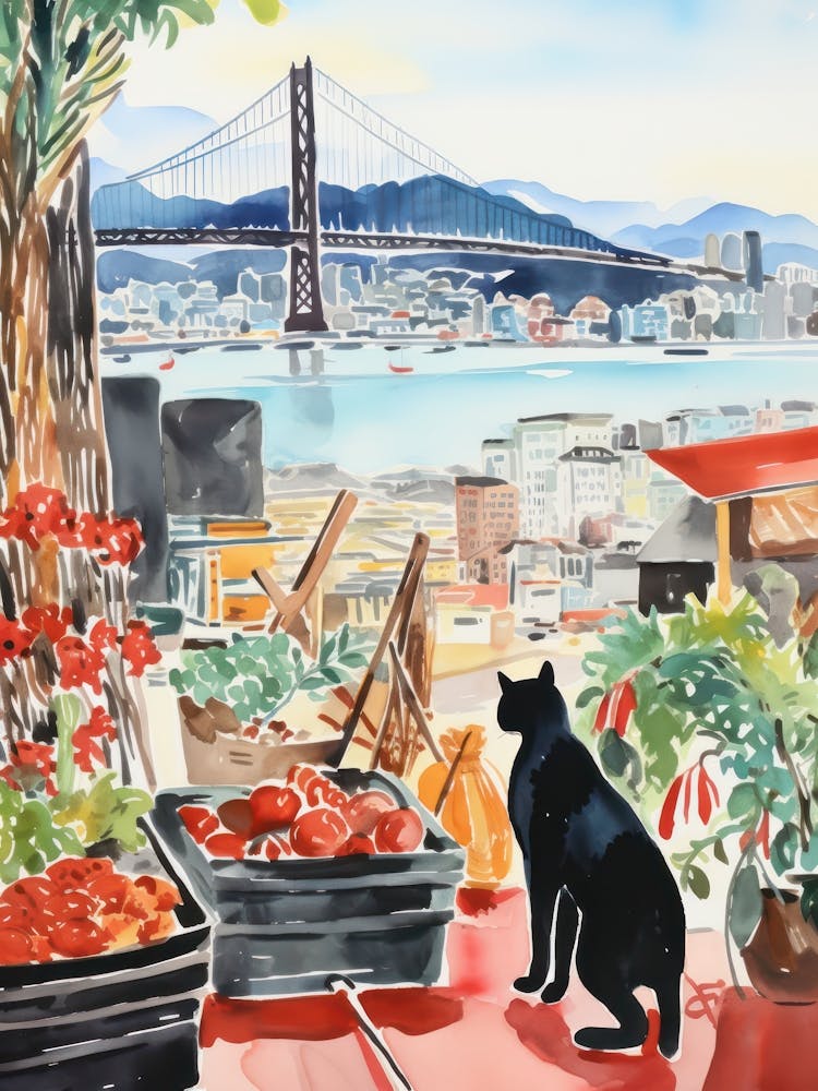 Marché Alimentaire avec Chats à San Francisco 1 Aquarelle