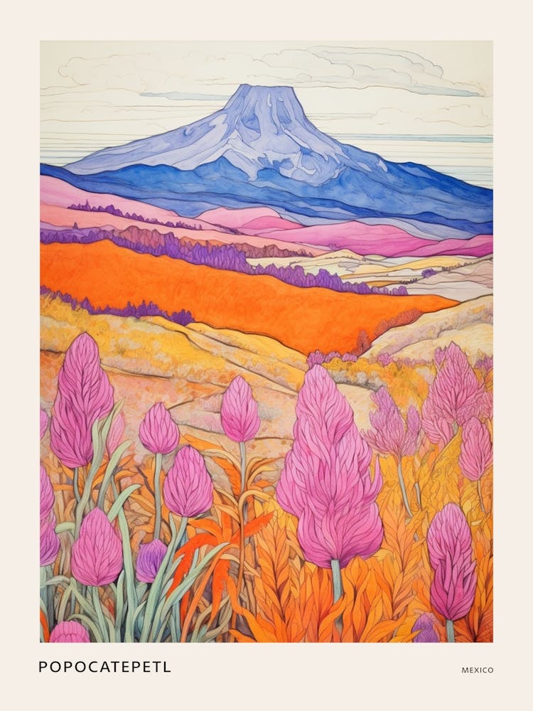 Popocatepetl Mexico 1 Affiche d'illustration de montagne colorée