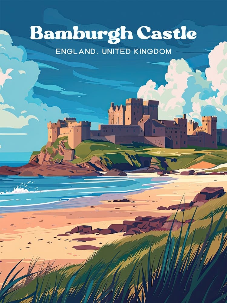 Bamburgh Castle England Historical Travel Art Illustration