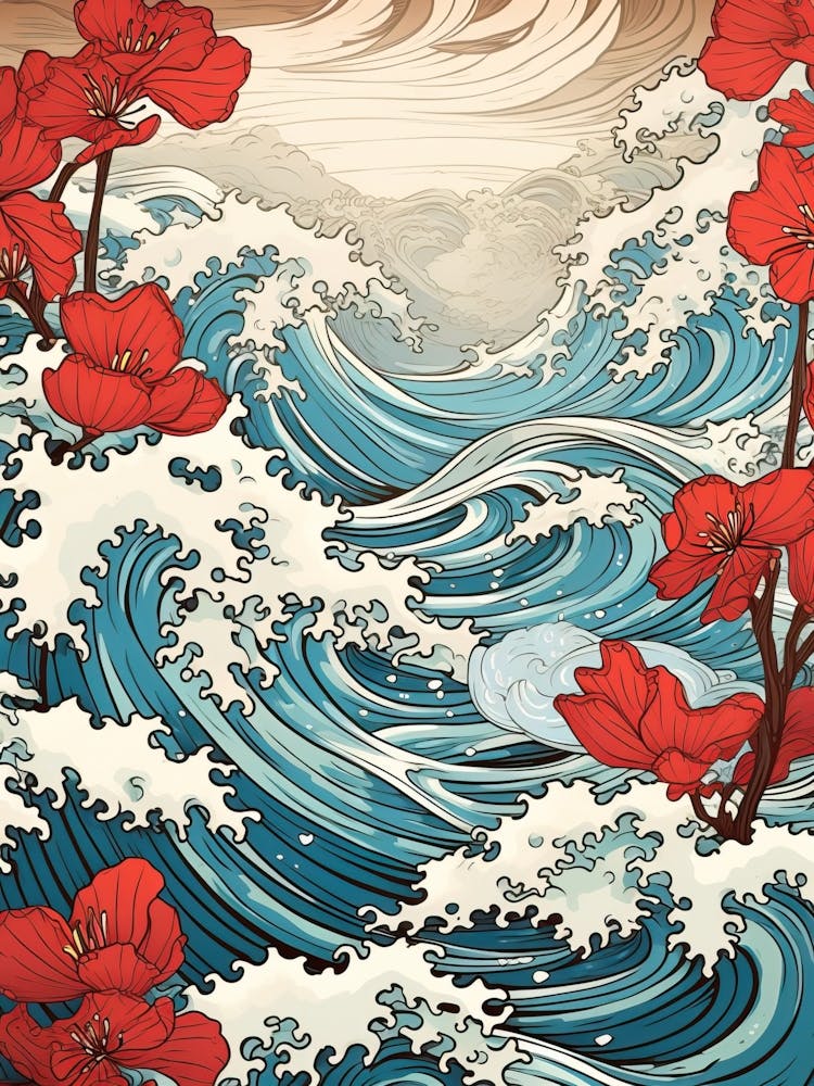 Great Wave With Lily Flower Drawing In The Style Of Ukiyo E 2