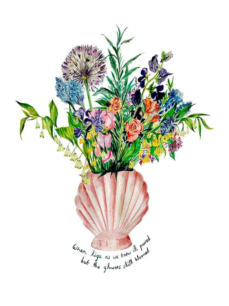 Flowers In Shell Vase On White With Slogan