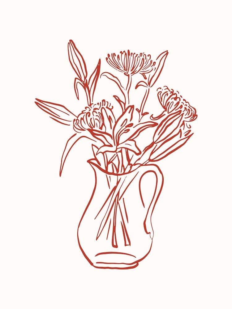 Red Fine Line Vase Flower Poster