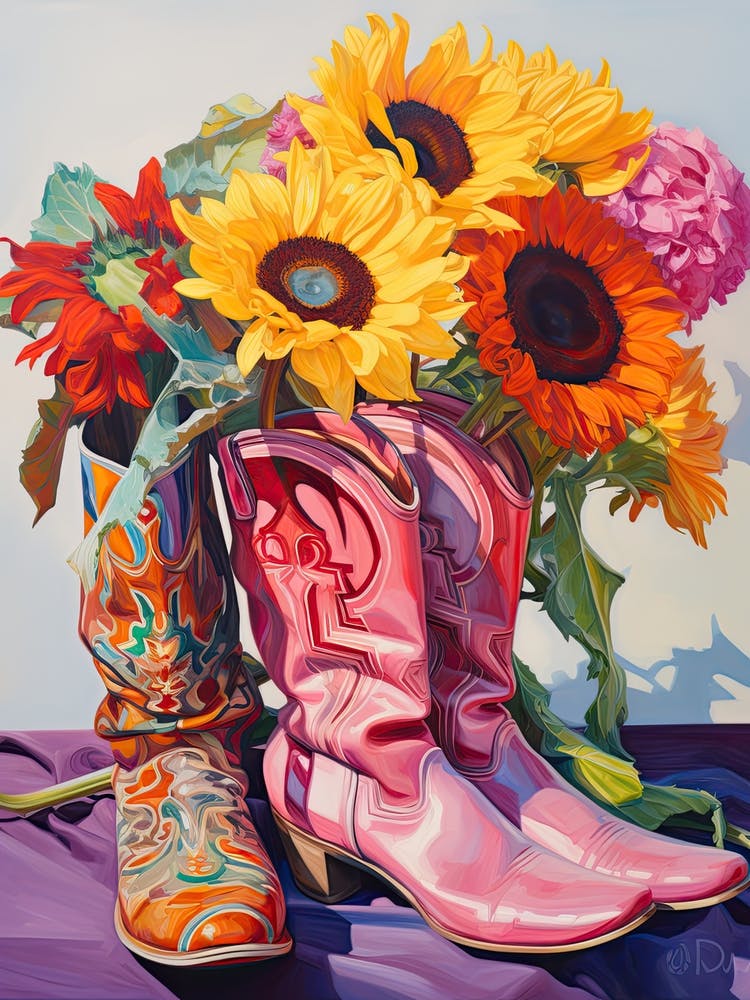 Oil Painting Of Sunflower Flowers And Cowboy Boots, Oil Style 3