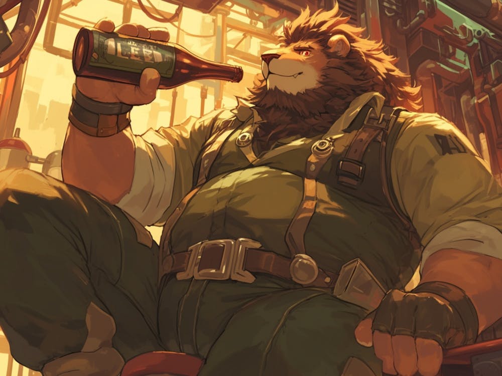 Steampunk Lion taking a drink break
