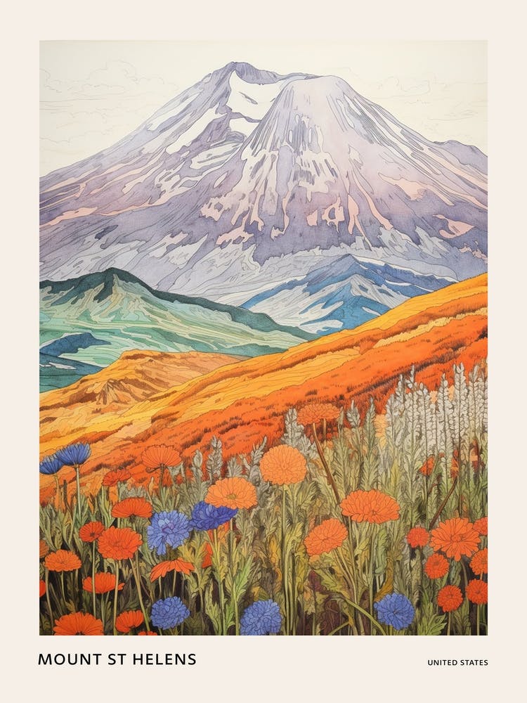 Mount St Helens United States 1 Colourful Mountain Illustration Poster