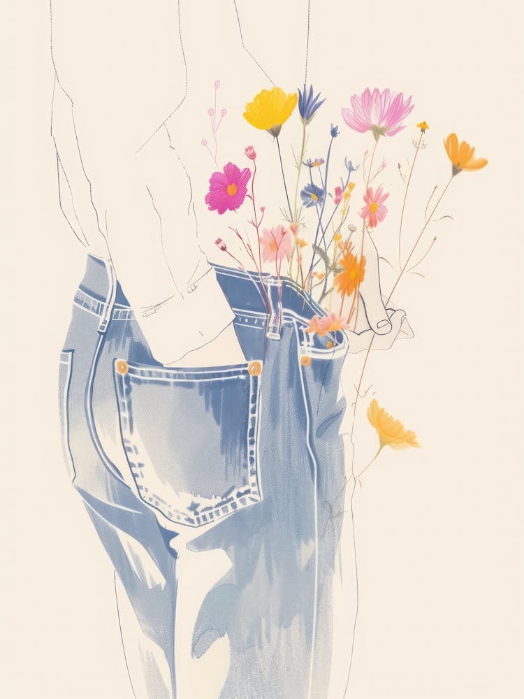 Blue Jeans Line Art Flowers 4