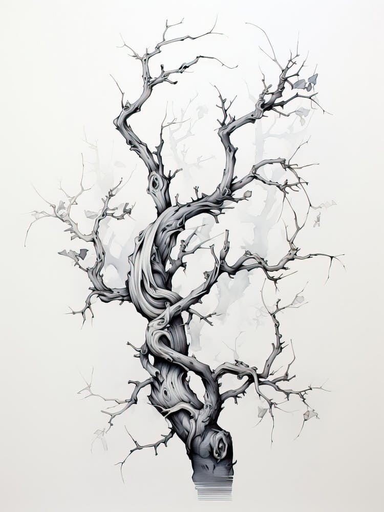 Grey Tree Branches, Japanese Brush Painting, Ukiyo E, Minimal 2