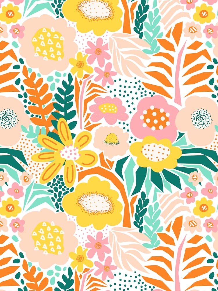 Paper Cut And Doodle Floral Collage Mint Yellow Pink Orange