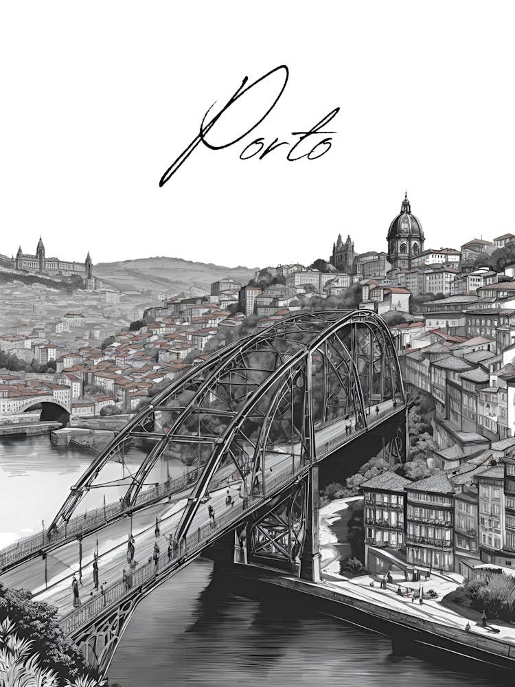 Porto Douro Bridge, Black And White Illustration