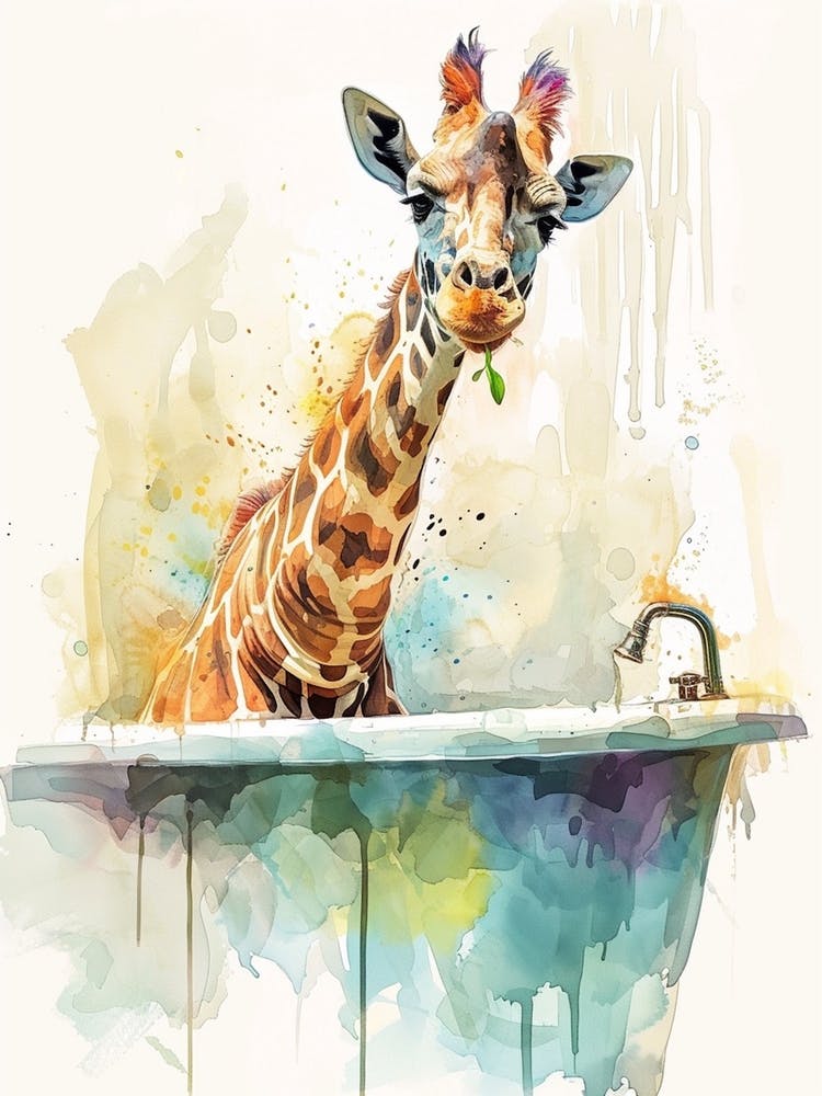 Giraffe In The Bath Watercolour 2