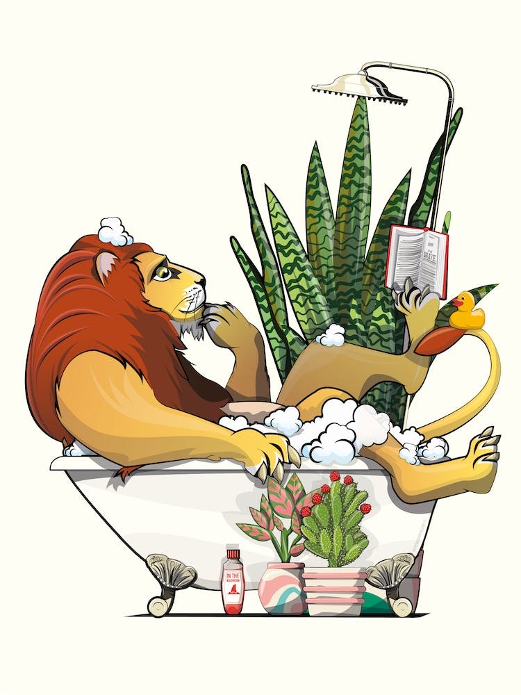 Löwe liest in der Badewanne